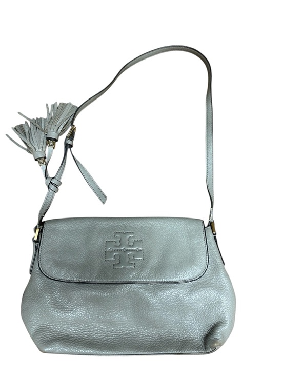 Tory Burch Handbags - Tory Burch Light Gray Pebbled Leather Shoulder Bag with Tassels